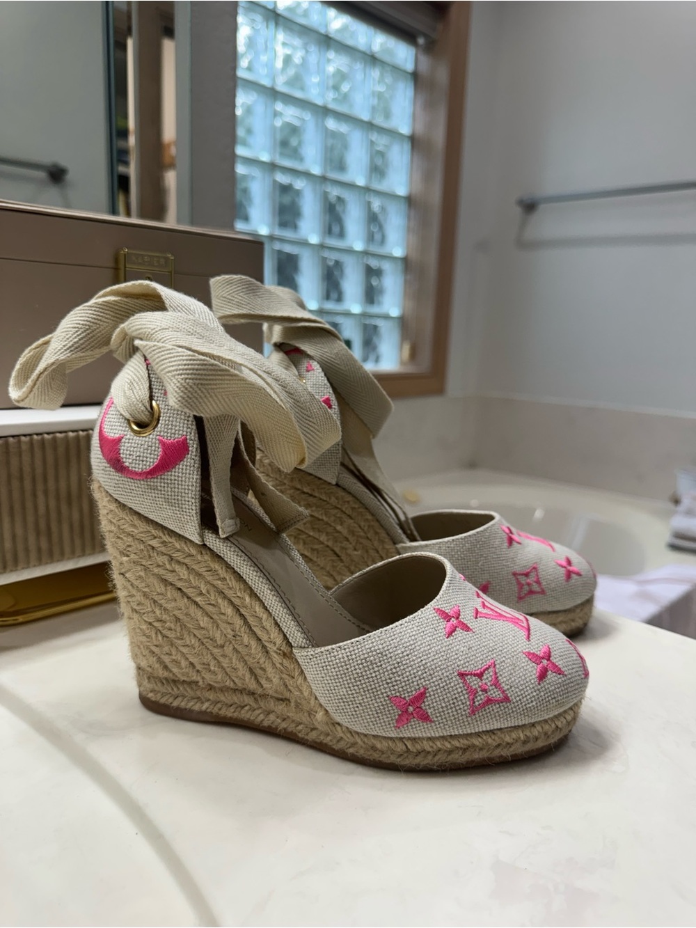 Louis Vuitton Wedge Espadrille Canvas Ankle-Tie Shoes in Cream with Pink Accents
